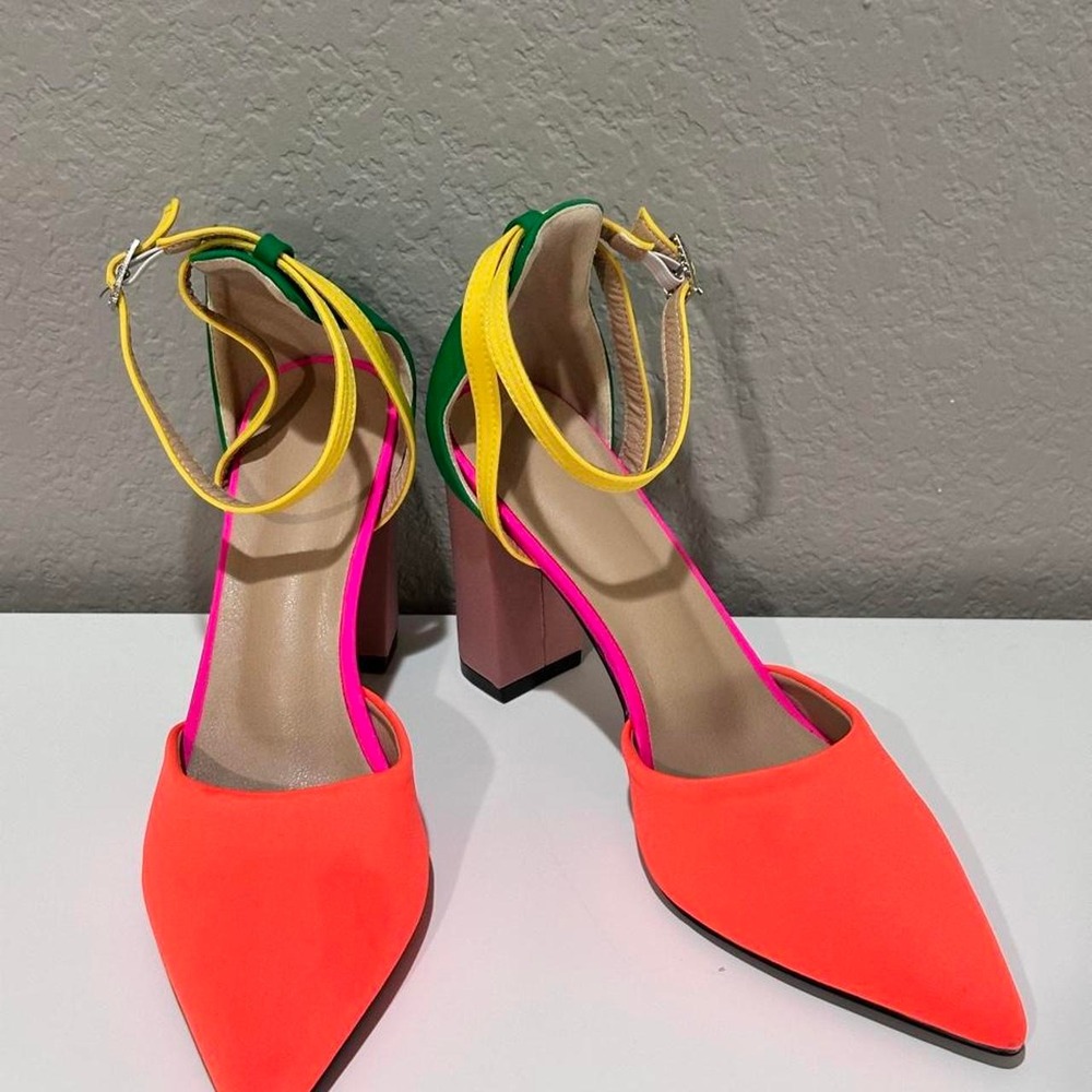 Neon Colorblock Pointed Toe Ankle Strap Block Heels Size EU 42